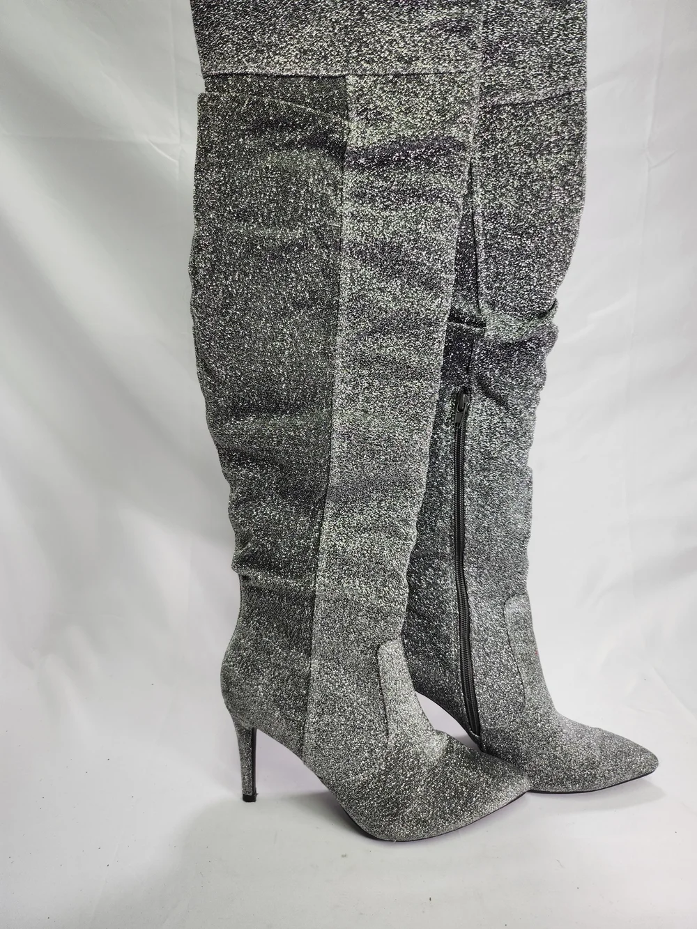 Brash Silver Glitter Over-the-Knee Pointed Toe Stiletto Boots